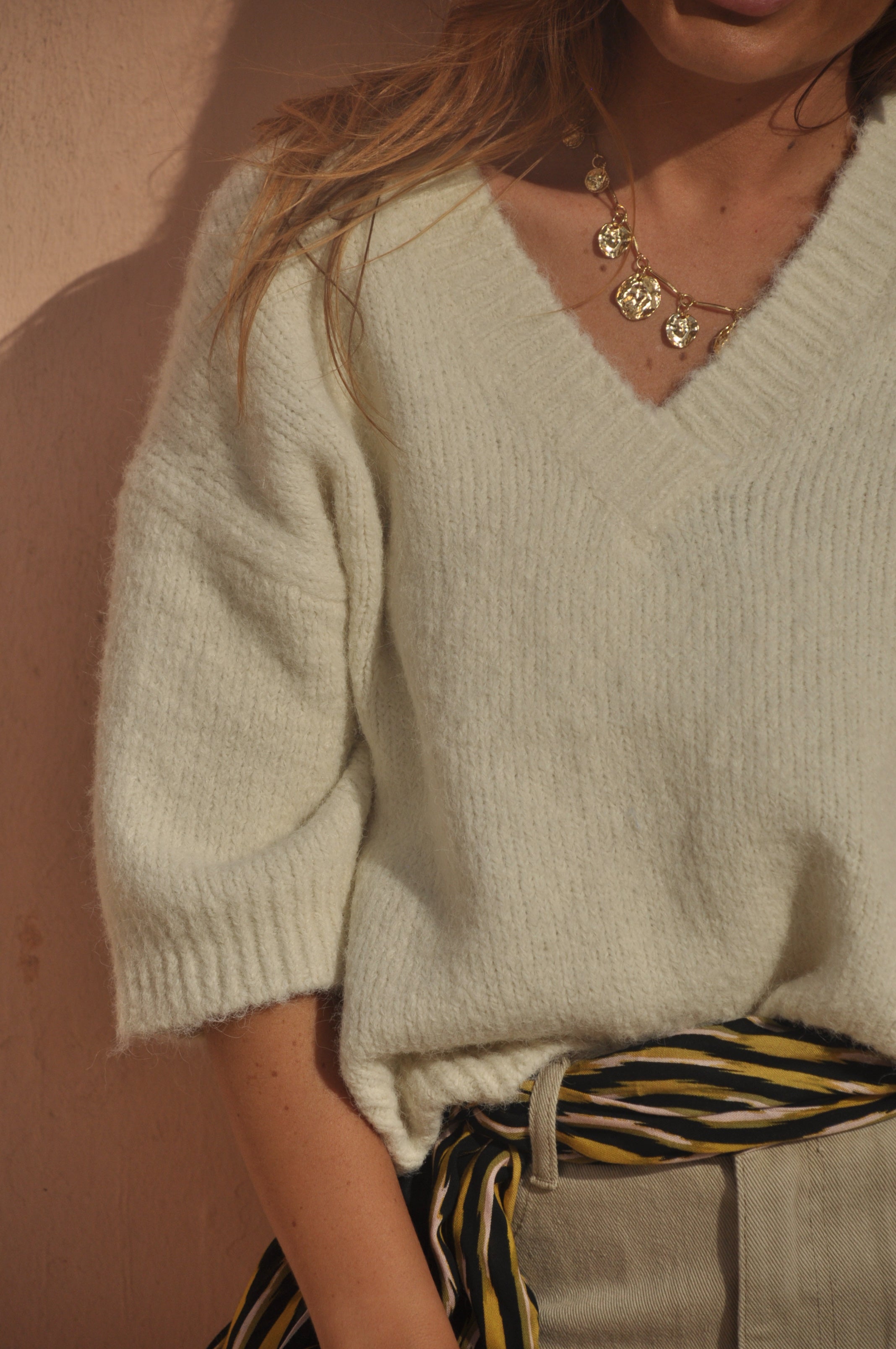 pull blanc écru manches courtes tout doux